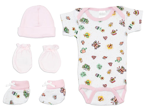Premium newborn girl layette set with white and pink bodysuit, pants, hat and blanket arranged on soft surface