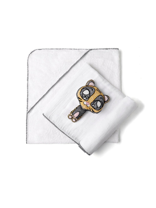 3-Piece Bamboo Newborn Gift Set - Hooded Towel, Swaddle & Rattle | Perfect Baby Shower Gift