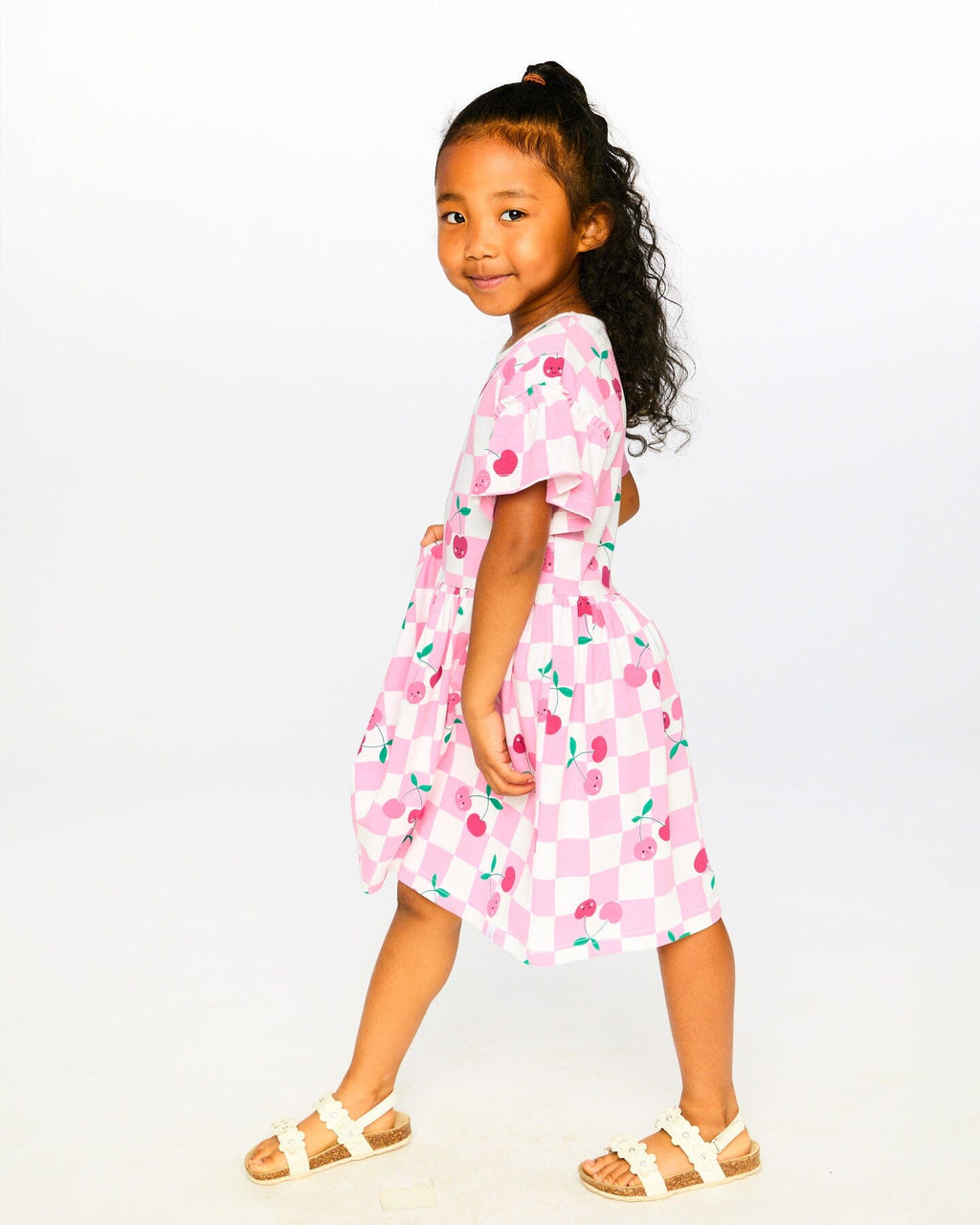 Organic Cotton Jersey Dress Pink Printed Cherries
