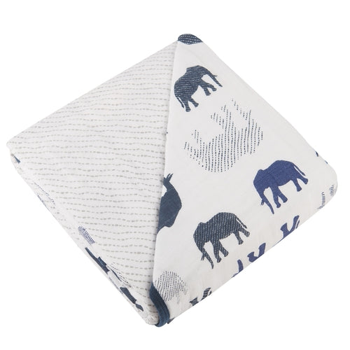 Blue Elephant Baby Blanket - Newcastle Wave Pattern | Soft 4-Layer Muslin Blanket