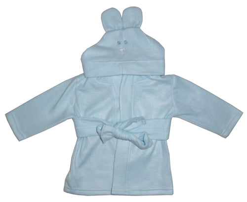Soft blue fleece baby bathrobe with hood in spa-like bathroom setting