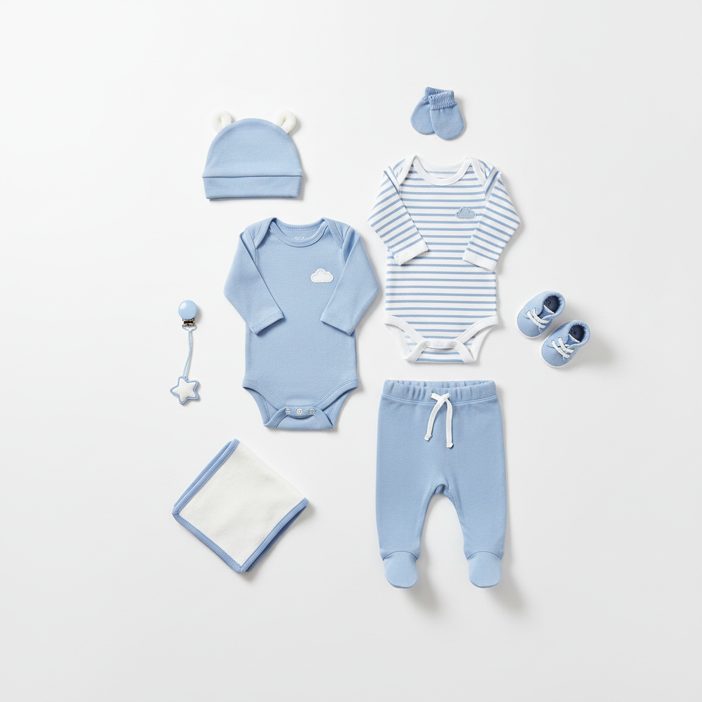 Complete 5-piece newborn boy layette set - all items displayed