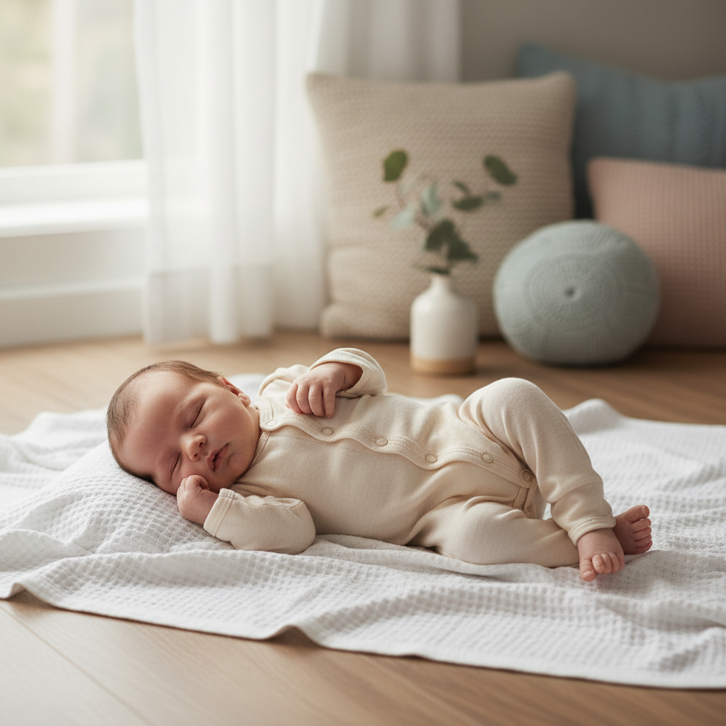 Newborn baby wearing soft cotton neutral layette set onesie - gender-neutral baby clothes