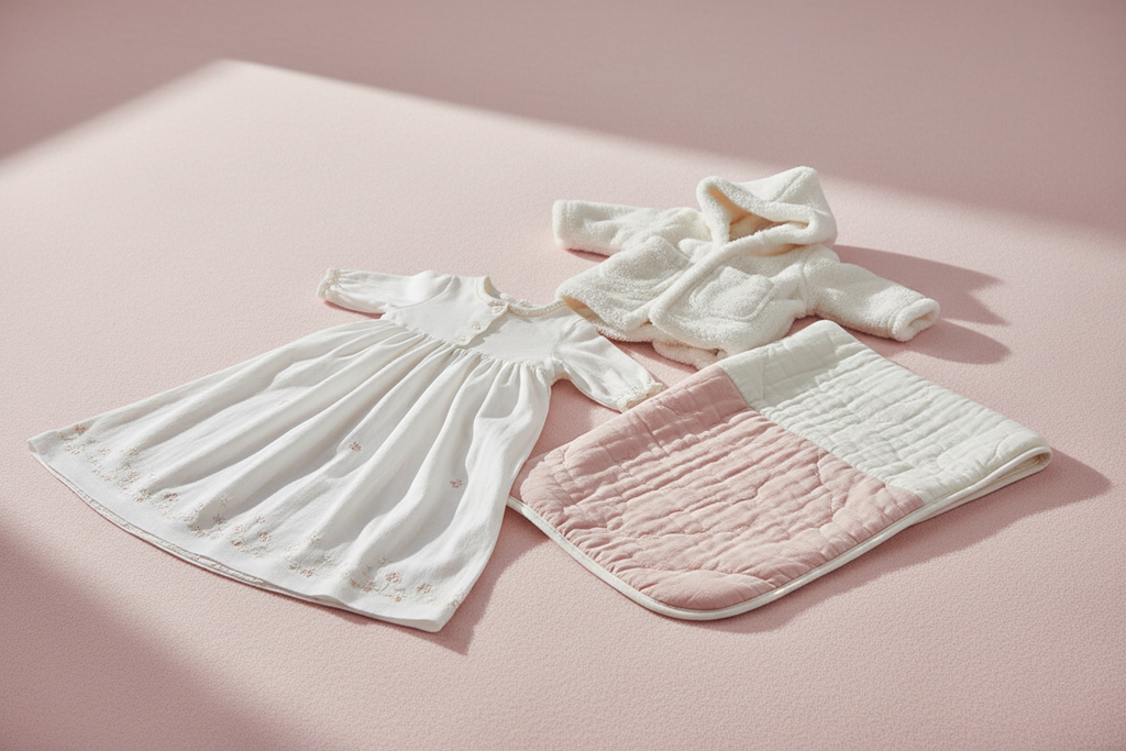 Luxury baby layette set displayed on pastel surface spa-like setting premium newborn essentials
