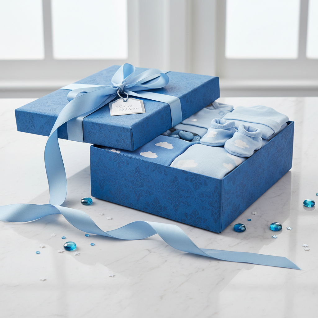 Baby boy shower gift packaging - blue layette set gift presentation