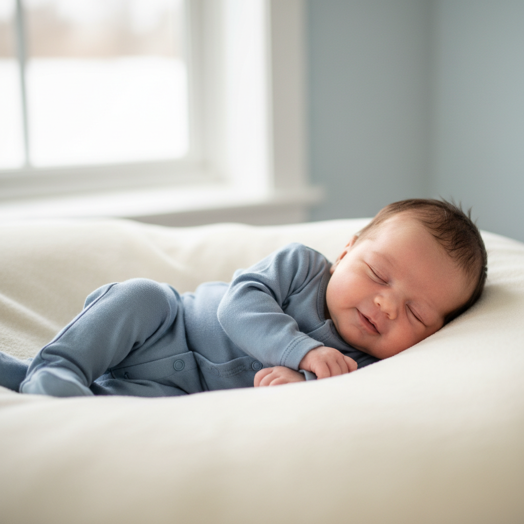 Newborn baby boy wearing soft blue cotton layette set - baby boy clothes