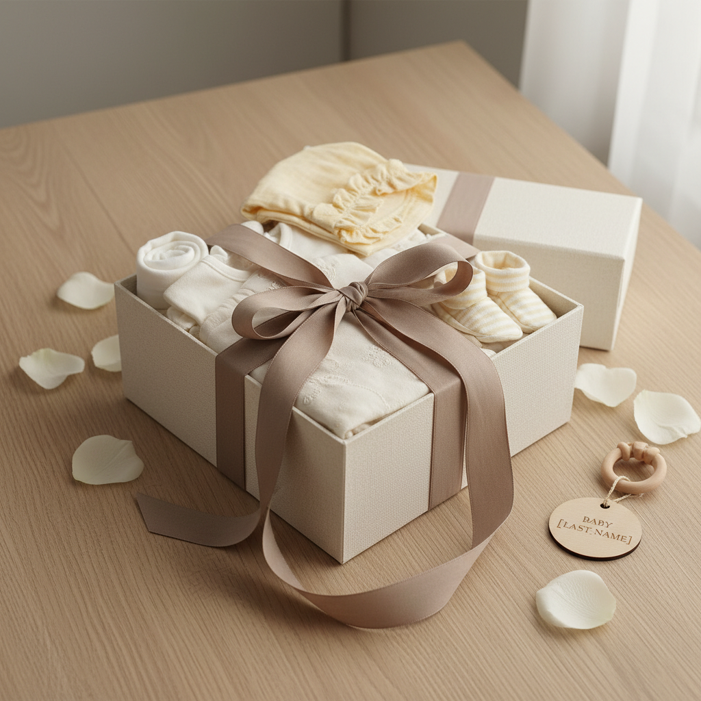 Premium baby shower gift packaging - neutral layette set gift presentation