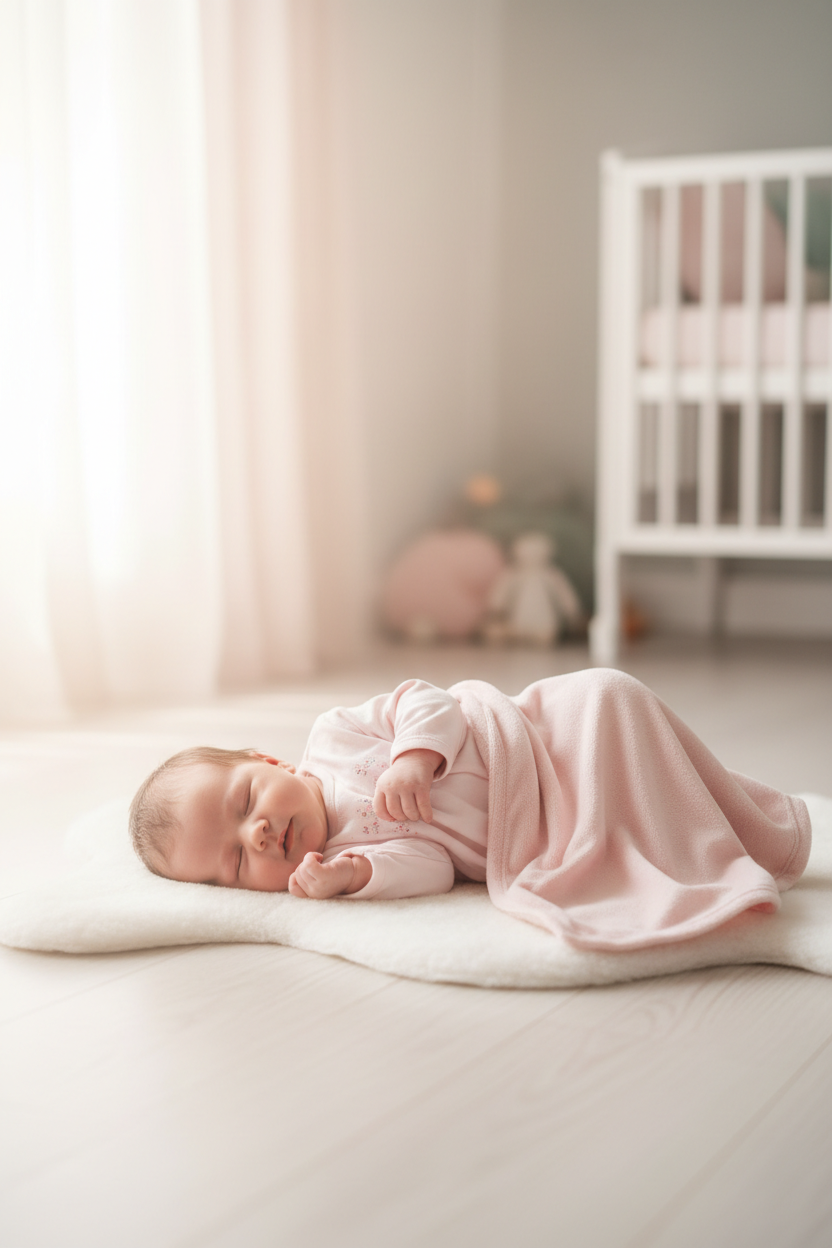 Newborn baby wearing premium cotton gown and fleece blanket from layette set soft pink