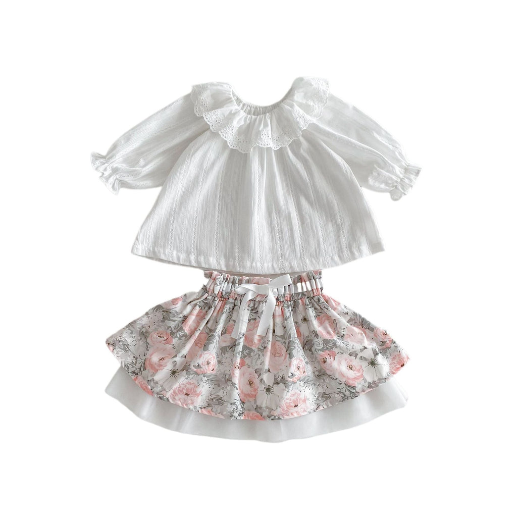 Spring Baby Kids Girls Plain Long Sleeves Base Shirt And Floral Skirt Clothing Set