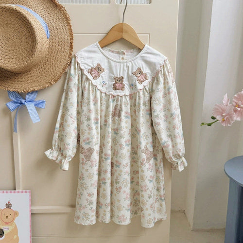 Arrival Autumn Girls Flowers and Teddy Bears Pattern Long Sleeves Dress